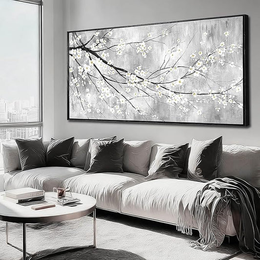 WINKAILIN Large 29"x58" White Black and Gold Plum Blossom Canvas Black Frame Wall Art Minimalist Flower Poster Decorative Artwork for Living Room Bedroom Office Kitchen Walls