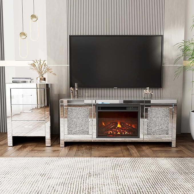 IKIFLY Mirrored Fireplace TV Stand, Mirrored Media Entertainment Center for TV up to 55 inch, Silver TV Console Table Mirrored Furniture for Living Room
