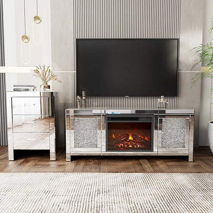 IKIFLY Mirrored Fireplace TV Stand, Mirrored Media Entertainment Center for TV up to 55 inch, Silver TV Console Table Mirrored Furniture for Living Room