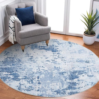 ROYHOME Modern Abstract 8x8 Round Area Rug Non Slip Non Shedding Rug Low Pile Stain Resistant for Bedroom Living Room Office Dining Room,Light Blue