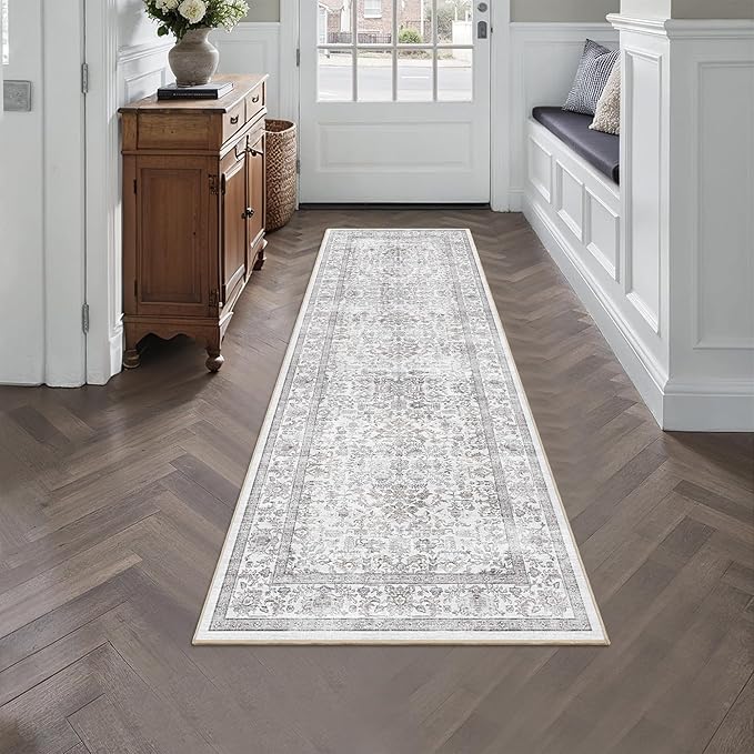 2x6 Gray Runner Rug Hallway Non Slip Washable Area Rugs Kitchen Soft Vintage Boho Long Rug Distressed Floral Carpet Indoor Low Pile Throw Rug for Bedroom Bathroom Laundry Dining Room Office