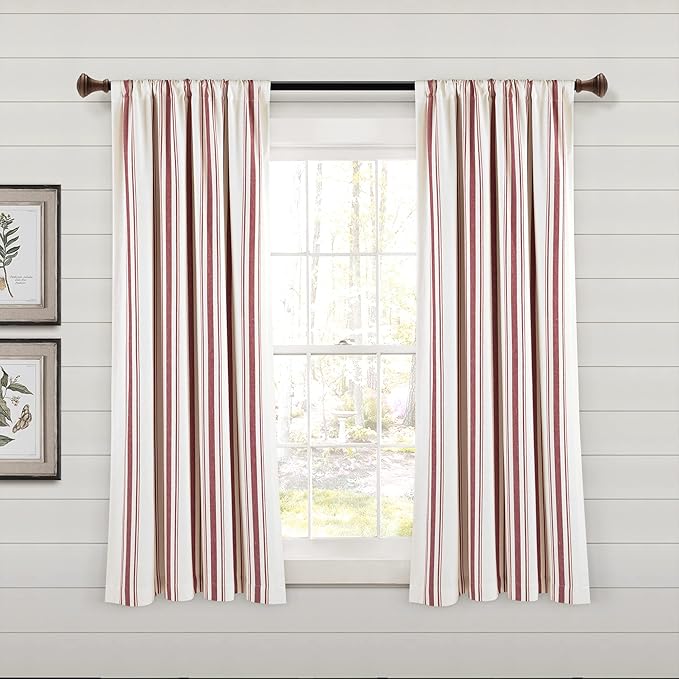 Lush Decor Farmhouse Stripe Yarn Dyed Eco-Friendly Recycled Cotton Window Curtain Panel Pair, 42" W x 63" L, Red - Classic Modern Rustic Charm - Eco Friendly Cotton Fabric