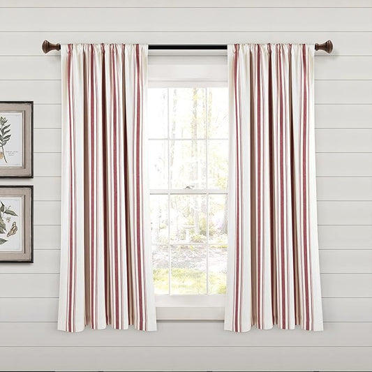 Lush Decor Farmhouse Stripe Yarn Dyed Eco-Friendly Recycled Cotton Window Curtain Panel Pair, 42" W x 63" L, Red - Classic Modern Rustic Charm - Eco Friendly Cotton Fabric