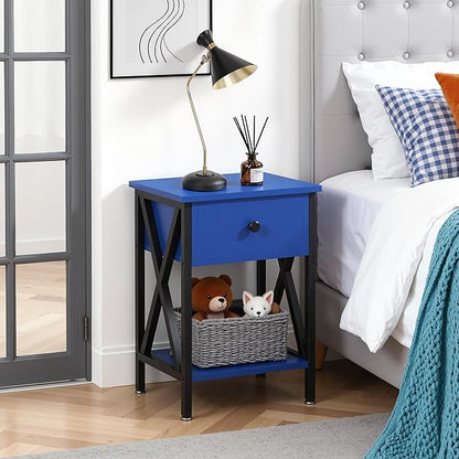 VECELO Nightstands, Modern Bedside End Tables Set of 2, Night Stand with Drawer and Storage Shelf for Living Room Bedroom, Industrial Metal Frame
