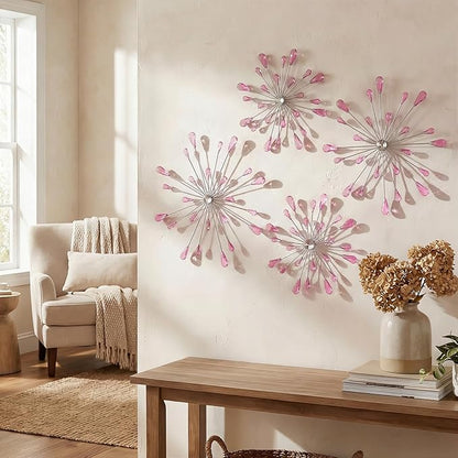 ZEXUIRU 4 Pcs Pink Starburst Wall Decor Metal Bling Wall Art Crystal Accents 3D Modern Decoration Glam Hanging Sculptures for Living Room Bedroom Office Teen Girl Room – Easy to Hang Home Decor Set