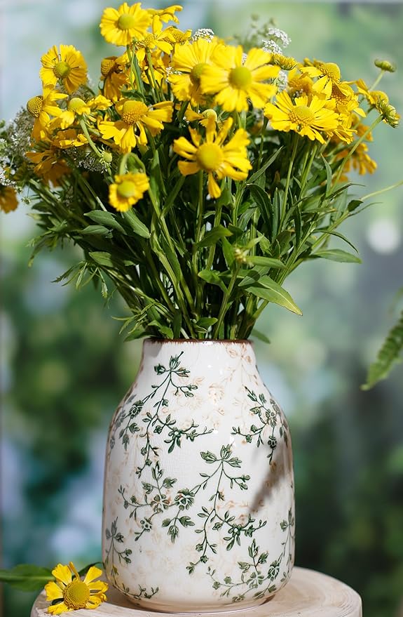 Vintage Green Ceramic Decorative Floral Vase for Flower Bouquet centerpieces Beige Ice Glazed Crack Farmhouse Rustic for Home Decor, Living Room, Shelf, Office, Table 7.7 Inches with Vine Pattern