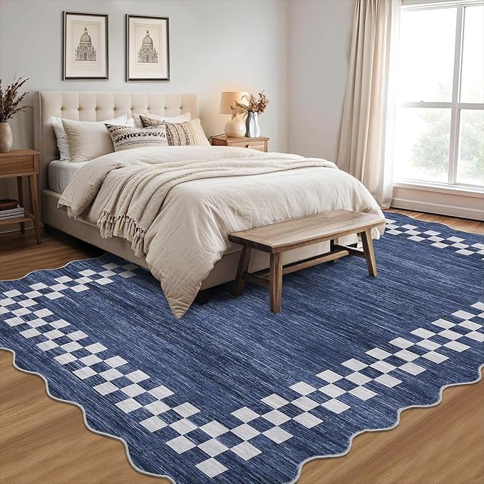 GarveeHome 8x10 Area Rug for Living Room Scalloped Washable Large Bedroom Rug Non Slip Stain Resistant Modern Border Dining Room Throw Carpet Scalloped Boho Rug for Home Decor Office Nursery, Blue