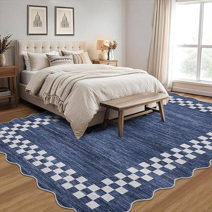 GarveeHome 8x10 Area Rug for Living Room Scalloped Washable Large Bedroom Rug Non Slip Stain Resistant Modern Border Dining Room Throw Carpet Scalloped Boho Rug for Home Decor Office Nursery, Blue