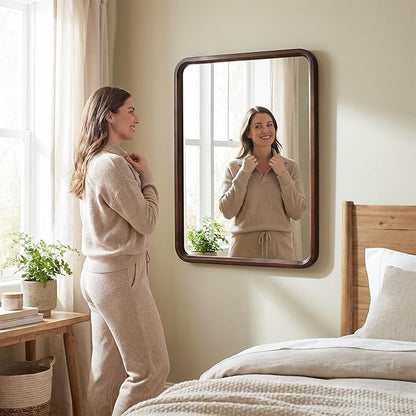 Bathroom Mirror for Wall,Wood Rectangle 30 x 36 inch Hanging Vatiny Tempered Mirrors with Rounded Corner for Living Room,Bedroom,Entryway