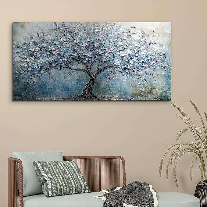 crmotu Tree of Life Large Wall Art for Living Room, Cherry Blossom Tree Abstract Art Prints Canvas Pictures, Modern Blue White Aesthetic Painting Bedroom Bathroom Home Office Wall Decor 29"X57"
