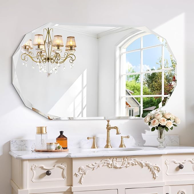 GLASHOM Frameless Oval Bathroom Mirror, 48x28 Inch Vanity Mirror for Over Sink with Beveled Edge, Decorative Wall Mirror for Bedroom, Living Room and Entryway, Hangs Horizontally or Vertically