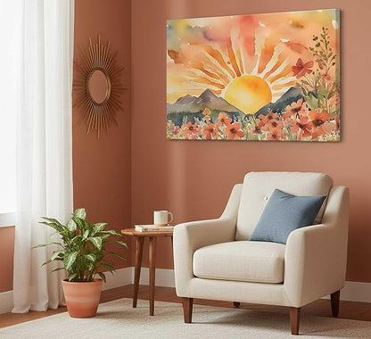 Boho Sun Canvas Wall art Mid-Century Modern Abstract Bohemian Sunset in The Mountains Watercolor Wildflowers Sunrise Landscape Picture Wall Decor Poster Print Artwork for Living Room Bedroom