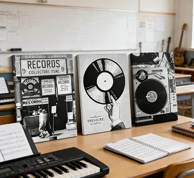 Vintage Music Canvas Wall Art Fashion Black And White Photography Preppy Vinyl Record Painting Picture Wall Decor Bar Rock Music Lovers Poster Print Artwork for Recording Studio Club Home Decoration