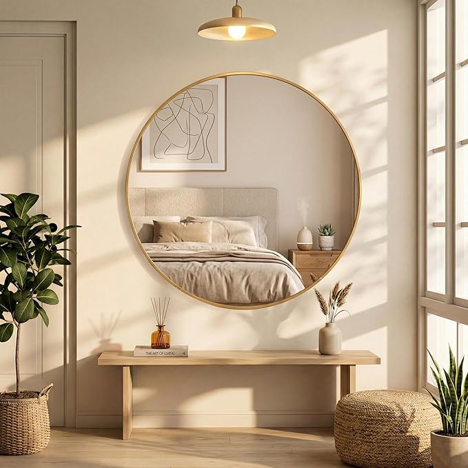 OLIXIS 30 Inch Gold Round Bathroom Wall Mirror, Round Bathroom Mirrors for Over Sink, Circle Mirror with Tempered Glass for Home Decor, Entryway, Bedroom, Vanity, Shatterproof& Crystal-Clear