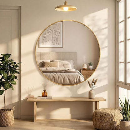 OLIXIS Bathroom Round Mirror for Over Sink, 30 Inch Wall Circle Mirror with Matte Metal Framed, Modern Wall Mount Vanity Mirror for Home Decor, Living Room, Bedroom, Gold