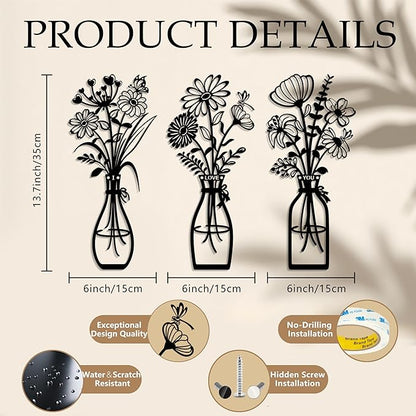 3 Pieces Metal Flowers Wall Art Decor, Farmhouse Minimalist Bathroom Wall Decors Sculptures for Living Room Dining Room Bedroom Housewarming Gifts