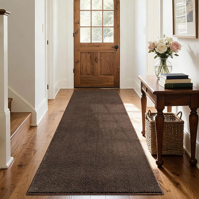 FinRèc 2x8 Washable Runner Rugs for Kitchen Hallway Bedroom, Low Pile Thin Rug Solid Color, Non-Slip Carpet Indoor for Home Decor (Pure Brown)