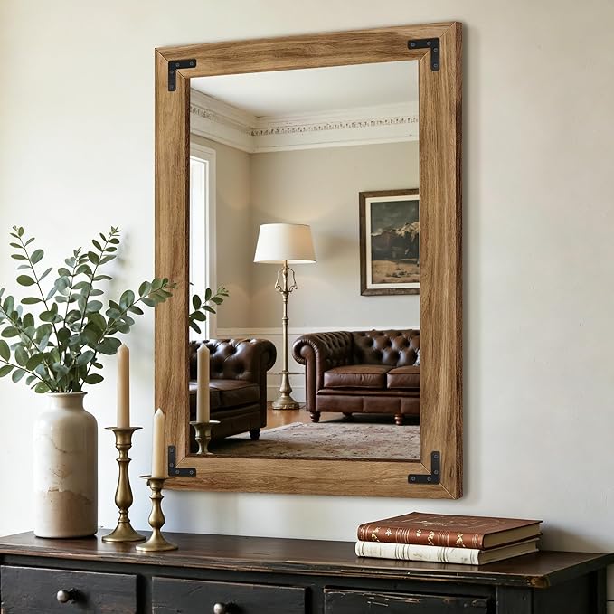 AMOISE Farmhouse Bathroom Vanity Mirror, 38" x 26" Wood Frame Wall Mirror, Vintage Rustic Decor for Entryway, Bedroom, Living Room, Vertical or Horizontal Hanging