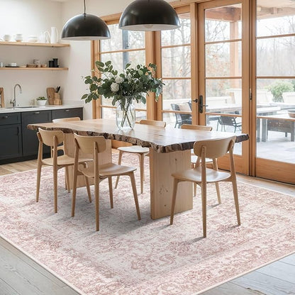 Rugxara 6x9 Washable Area Rug for Living Room & Bedroom, Large Light Pink Rugs for Women, Non Slip, Durable Low Pile Carpet, Vintage Carpets for Office, Dining Room, Kids Room and Farmhouse