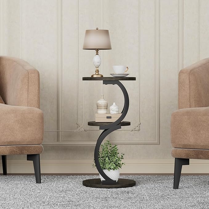 JUSTOGO Small Round Side Table, 3-Tier End Table for Living Room, Vintage Nightstand for Small Spaces Sofa Couch Corner Bedside Bedroom, S-Shaped Wood Accent Table Matel Coffee Table, Charcoal Grey