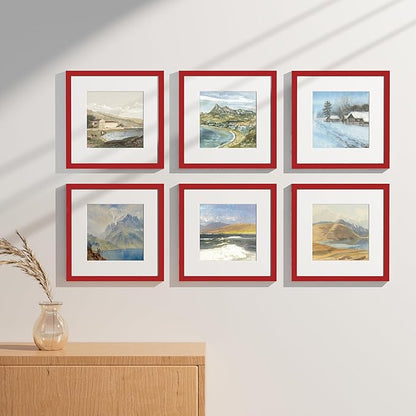 Vittanly 12x12 Picture Frames Set of 9, Shatter Resistant Plexiglass, Display 8x8 Pictures with Mat or 12x12 without Mat, Photo Frames for Wall Mount, Engineered Wood, Red