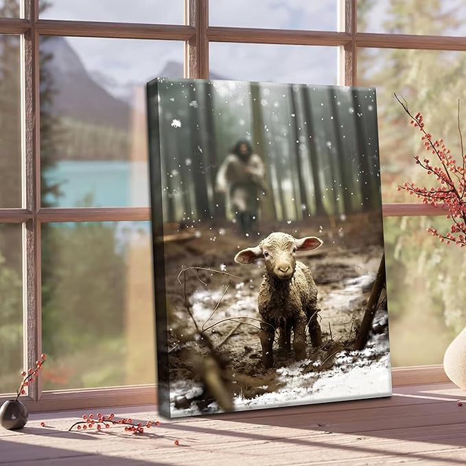 Jesus Christian Wall Art, Jesus Saves the Lost Lamb Canvas Wall Decor, Religion Canvas Art Wall Decor Posters Paintings Prints for Living Room, Bedroom, Prayer Room, Framed 16x24 inch