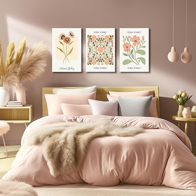 SKYRISE 3 PCS Boho Floral Canvas Wall Art, Rustic Botanical Canvas Paintings Prints ArtWork for Living Room, Vintage Flower Pictures for Farmhouse Dining Room Hallway Bedroom Wall Decor 16"x24"