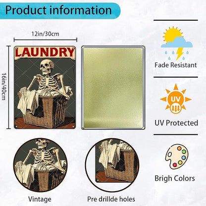 Skull Metal Tin Sign Laundry Vintage Tin decor for Cafes Bars Pubs Shop Wall Decorative Funny Retro Signs for Men Women 16x12 Inch