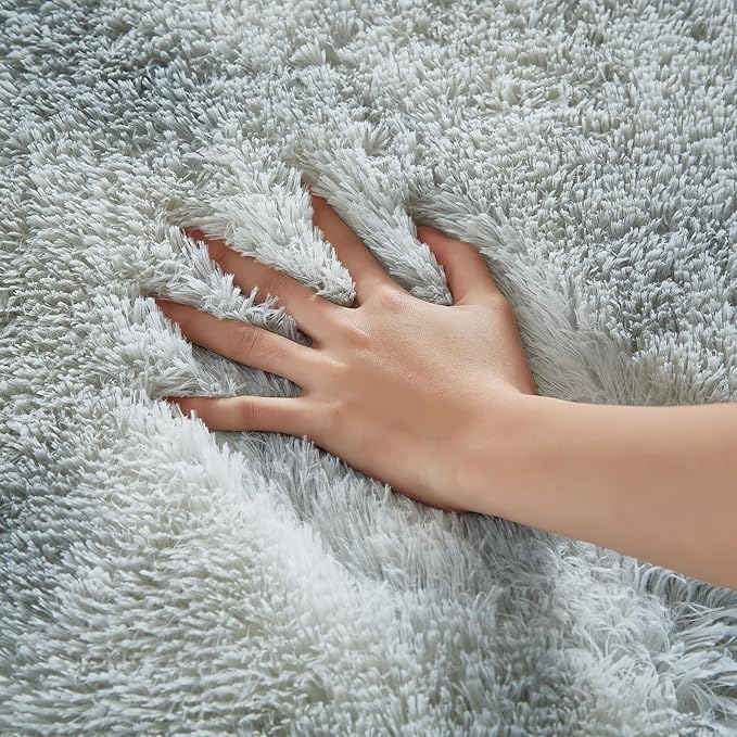 Floralux 9x12 Living Room Rug, Tie-Dyed Light Grey, Large Shag Bedroom Rugs, Soft Fluffy Shaggy Carpets
