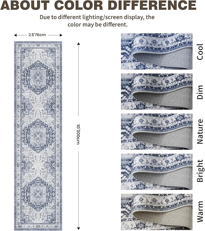 Washable Runner Rug 2.6x10- Non Slip Vintage Hallway Runner Rugs for Kitchen, Stain Resistant Long Carpet for Living Room Entryway Bedroom Laundry Navy/Blue