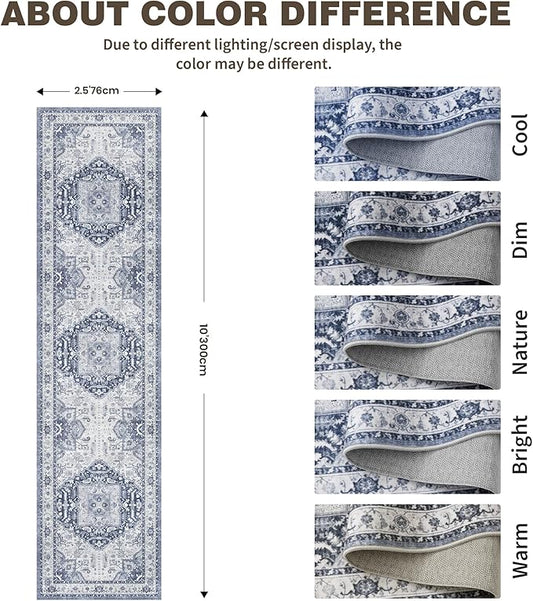 Washable Runner Rug 2.6x10- Non Slip Vintage Hallway Runner Rugs for Kitchen, Stain Resistant Long Carpet for Living Room Entryway Bedroom Laundry Navy/Blue