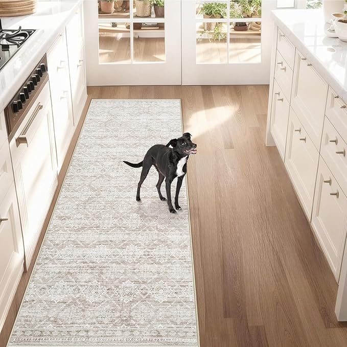 Runner Rug 2x7 Boho Geometric Area Rugs: Washable Kitchen Entryway Rug, Soft Non Slip Moroccan Long Hallway Rugs for Bedroom Bathroom Laundry Entryway Staircase Foyer(Ivory Mocha,2'x7')