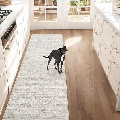 Runner Rug 2x5 Boho Geometric Area Rugs: Small Washable Kitchen Entryway Rug, Soft Non Slip Moroccan Long Hallway Rugs for Bedroom Bathroom Laundry Entryway Staircase Foyer(Ivory Mocha,2'x5')