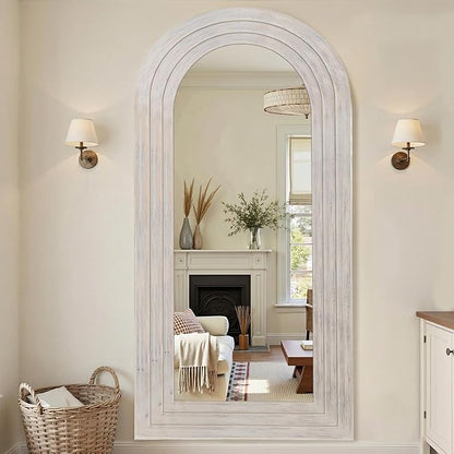 Antok Full Length Mirror with Solid Wood Frame, 81"×41" Wall Mounted Oversized Floor Mirror with Stand, Leaning Standing Hanging for Bedroom Living Room Entryway, White, Arched Syle