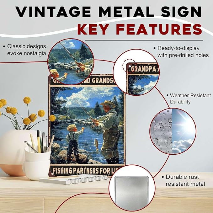 Vintage Fishing Metal Sign Grandpa And Grandson Fishing Partners For Life Metal Poster Home Kitchen Garden Bar Pub Coffee Man Cave Aluminium Sign Art Wall Decor Plaque 12x16Inch