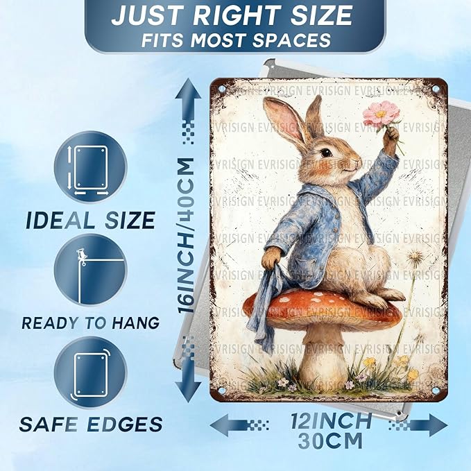 Easter Retro Rabbit Metal Sign Vintage Tin Wall Art Rustic Farmhouse Decor For Home Bar Living Room Spring Celebration 12x16Inch