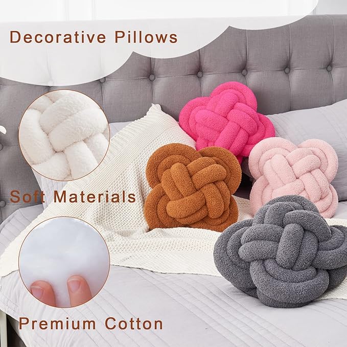 Knot Pillow, 12" Soft Decorative Throw Pillows for Couch Bed, Gray Pink Knotted Plush Throw Pillow Handmade Square Cushion Home Decor Pillows (Dark Green, 12 Inches X12 Inches)