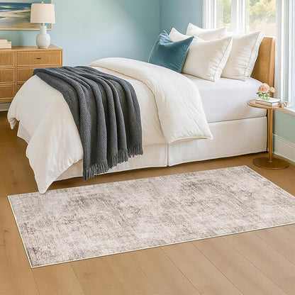 Hazo Haus Washable Non Slip Stain Resistant 2x5 Runner Rug for Bathroom, Kitchen, Laundry Room, Bedroom Beside Bed, Unique Tan Distressed Abstract Eclectic Runner Décor, Beige Brown