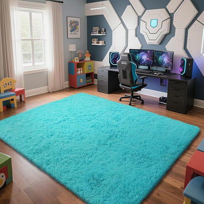 yongyangjuxin Teal Blue Rug Fluffy Rug, 9x12 Teal Area Rugs for Living Room, Soft Cute Baby Play Mat, Teal Rugs for Bedroom, Nursery, Preppy Dorm, Plush Aesthetic