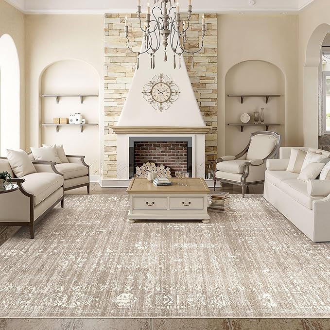 Area Rug for Living Room - 9x12 Soft Washable Oriental Vintage Floral Distressed Large Carpet - Fade Stain Resistant Non Slip Rugs for Bedroom Dining Room Nursery Dorm Office Home Decor - Camel