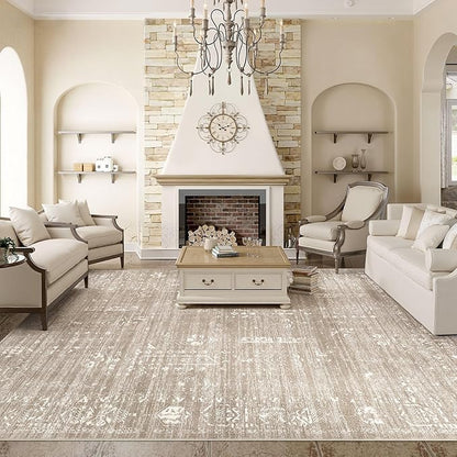 Area Rug for Living Room - 9x12 Soft Washable Oriental Vintage Floral Distressed Large Carpet - Fade Stain Resistant Non Slip Rugs for Bedroom Dining Room Nursery Dorm Office Home Decor - Camel