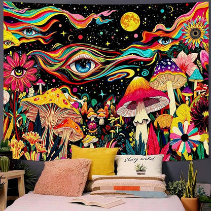 Leeisysme Colorful Hippie Abstract Tapestry, Fantasy Aesthetic Eye Mushroom Floral Wall Hanging for Bedroom Dorm Living Room Decor, 44x60 inches