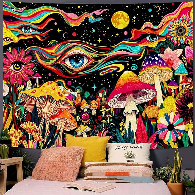 Leeisysme Colorful Hippie Abstract Tapestry, Fantasy Aesthetic Eye Mushroom Floral Wall Hanging for Bedroom Dorm Living Room Decor, 36x48 inches