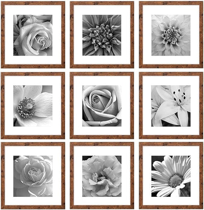 eletecpro 12x12 Picture Frames Set of 9 with Mat for 8x8 Photos or without Mat for 12x12, Square Gallery Wall Decor Collage for Picture Display, Rustic Brown Frame Set for Wall Hanging