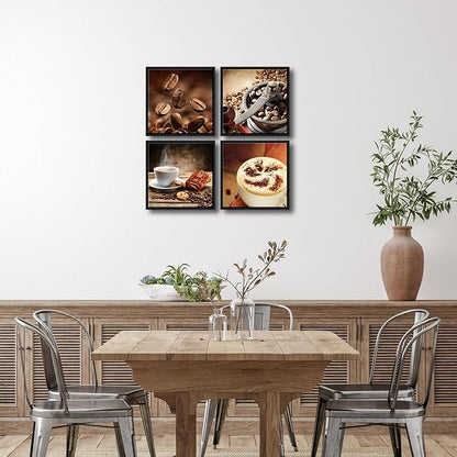 Wieco Art Black Framed 4 Panels Canvas Wall Art Coffee Bean Kitchen Canvas Prints Wall Art for Living Room Decor Bedroom Home Bathroom Wall Decor