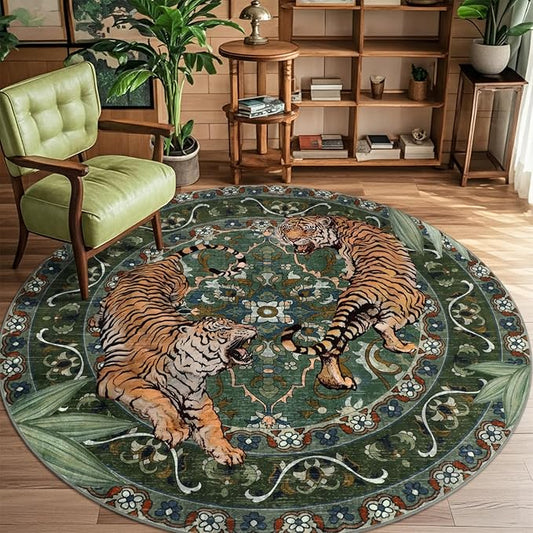 8Ft Round Tiger Washable Rugs for Living Room, Boho Green Animal Print Bedroom Circle Rugs Non Slip, Botanical Jungle Floor Carpet for Dining Room Entryway Nursery Playroom Office