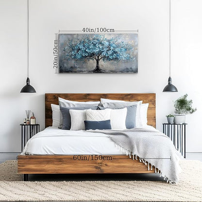 crmotu Tree of Life Large Wall Art, Cherry Blossom Canvas Oil Paintings, Abstract Blue Tree Art Prints, Teal Modern Home Wall Decor Living Room Bedroom Pictures, Neutral Office Decor Artwork 20"X40"