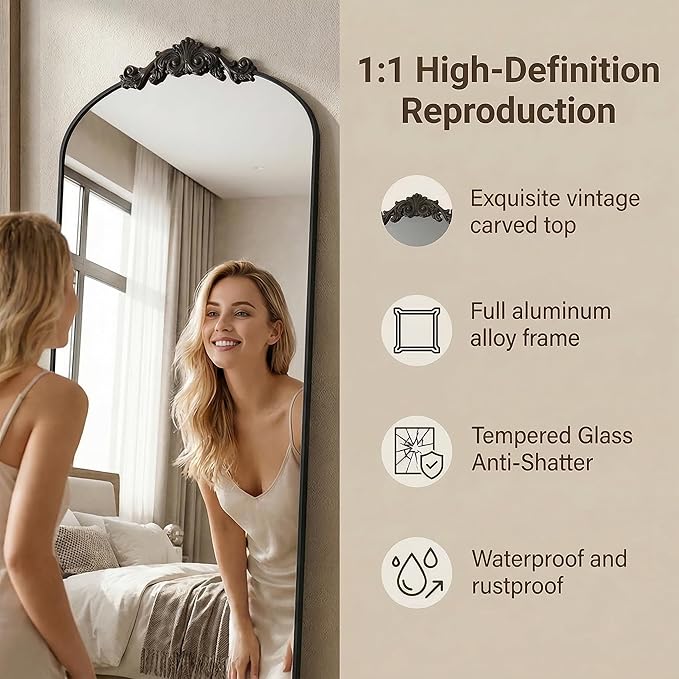 Antok Arched Full Length Mirror, 64"x21" Floor Mirror with Carved, Full Body Mirrors for HomeDecor, Standing/Halling Large Wall Mirror for Bedroom, Living Room, Cloakroom, Black, Vintage Style