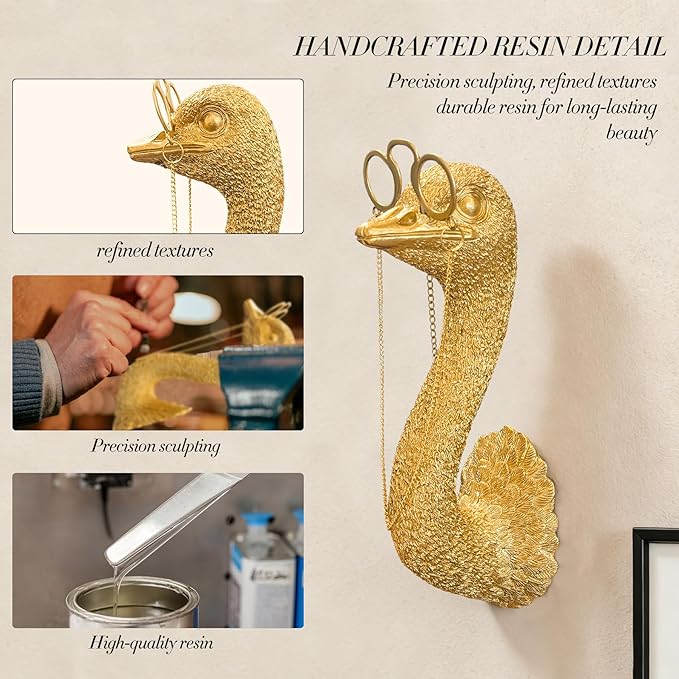 Juedawyal Gold Ostrich Animal Head Wall Decor Sculpture, Resin Animal Heads for Wall, Vintage Wall Sculpture for Men Women Living Room Hallway Staircase Home Office