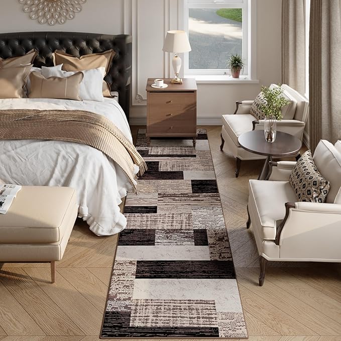FlyDOIT Modern Geometric Patchwork Runner Rug, 2.7x10 Chocolate Runners for Hallways Non Slip, Washable Indoor Bedside Rugs for Bedroom, Floor Throw Carpet Runner for Entryway kitchen Bathroom Laundry